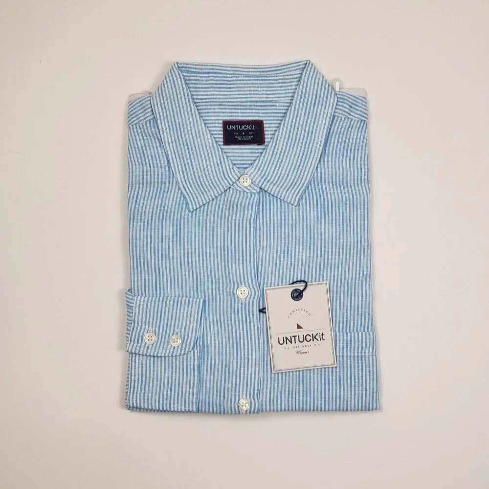 UNTUCKit Sherry Linen LS Shirt Womens Size 4 Light Turquoise Blue & White Stripe - Picture 6 of 15